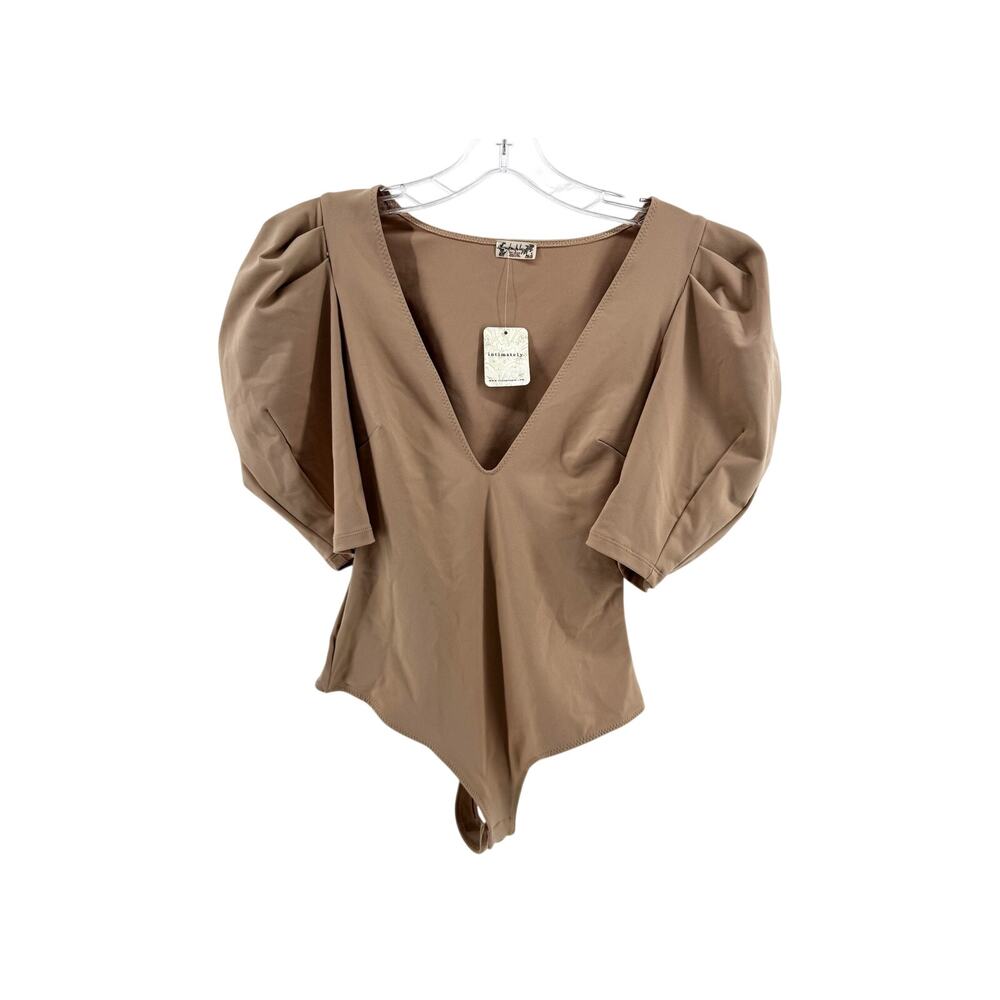 Womens Size XS (0-2) Free People Intimately Tan Nude Bodysuit Puff Sleeve Deep V